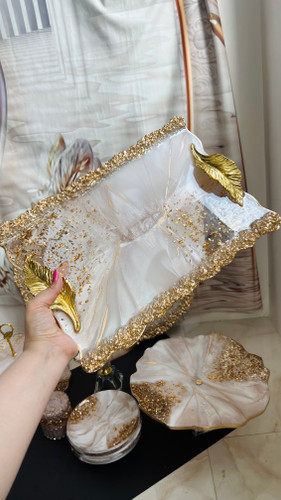 سینی مستطیل، عاجی طرح سنگ و ورق طلا