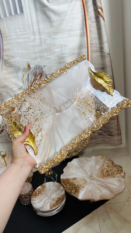 سینی مستطیل، عاجی طرح سنگ و ورق طلا